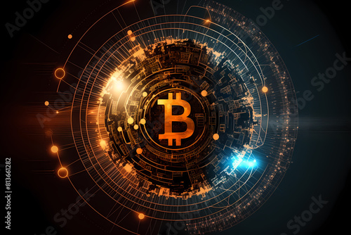 A digital Bitcoin symbol surrounded by mechanical gears