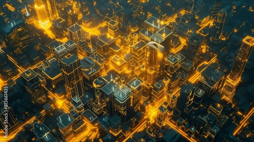Futuristic metropolis after dark  aerial view with golden lights and cyan networks