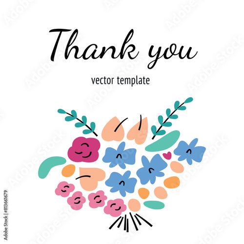 Greeting card with flower bouquet, square template with copy space, vector arrangement with beautiful flowers, roses, tulips, birthday celebration, gift for womens day, mothers day, thank you template