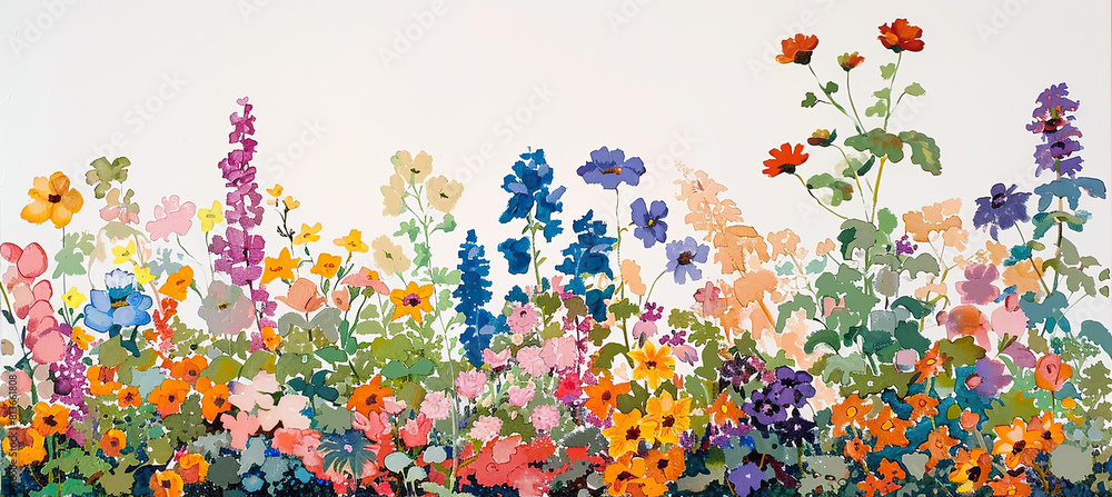 Summer garden border painting, isolated on white background