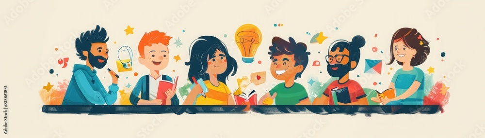 A group of diverse people are sitting around a table, talking and laughing A group of diverse people are sitting around a table, talking and laughing