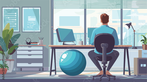 Businessman sitting on fitness ball while working in office photo