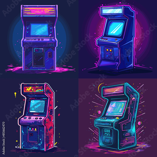 Neon illustration of Arcade game machine. Retro gaming, Game of 80s-90s. Technology and entertainment concept. collection of advertisement design