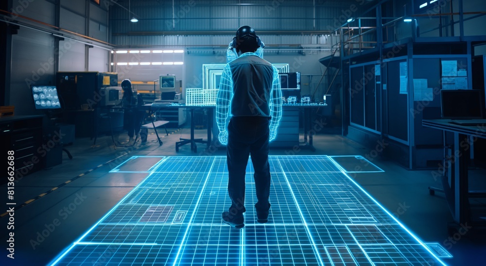 Industry 4.0: Man interacting with holographic ar interface on factory floor