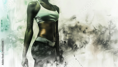Young Athletic Woman in Digital Watercolor Effect  Sportswear Posing on Abstract Artistic Background in Studio 