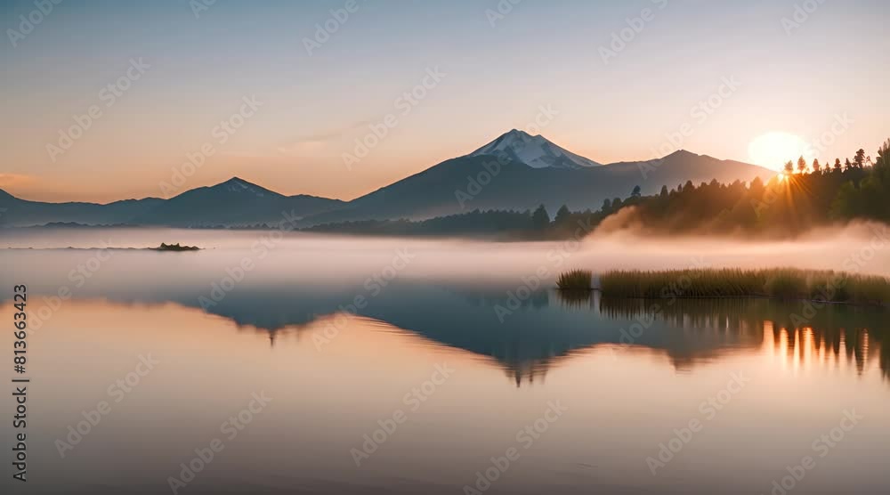 A Captivating Sunrise over a Tranquil Lake Enveloped in Morning Fog, with Majestic Mountains in the Background A Captivating Sunrise over a Tranquil Lake Enveloped in Morning Fog, with Majestic Mountains in the Background