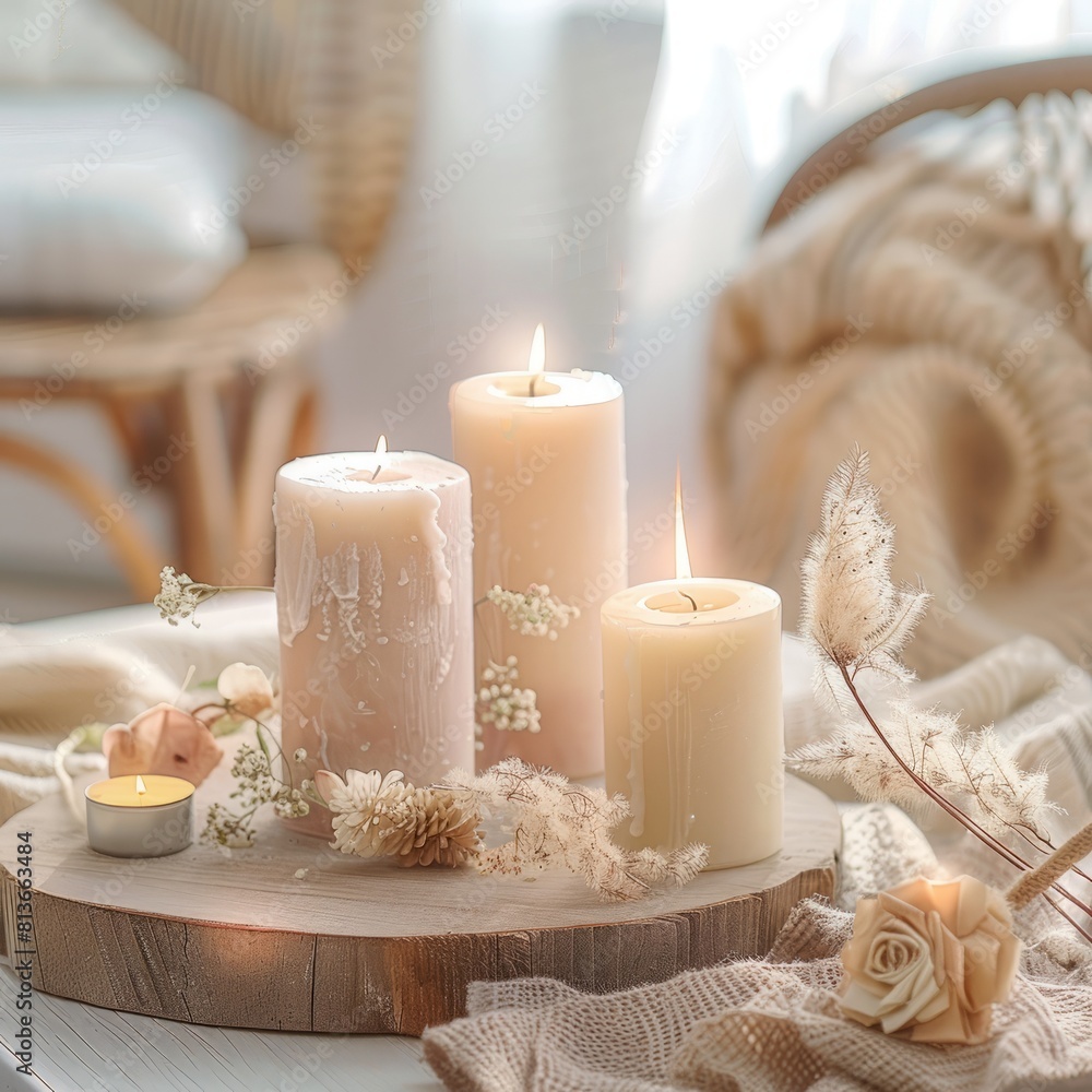 Decorative candles on a work table, boho style Decorative candles on a work table, boho style