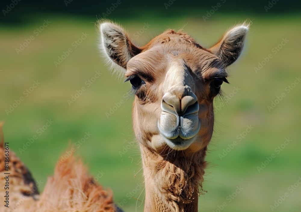 Obraz premium Close-up Portrait of a Friendly Camel on a Sunny Day