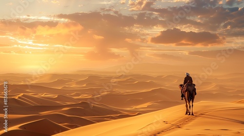 The image shows a lonely camel rider in the middle of a vast desert.