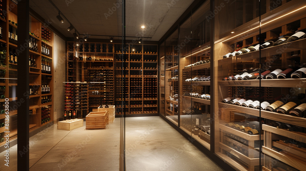 Modern wine cellar with glass walls, wooden racks filled with vintage bottles, and soft track lighting.