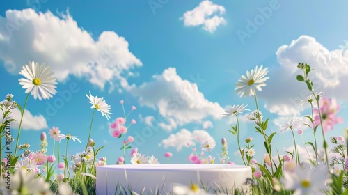 white circular 3D-rendered pedestal stands on the grass, surrounded by a variety of summer flowers. spring flower display for a floral product showcase.