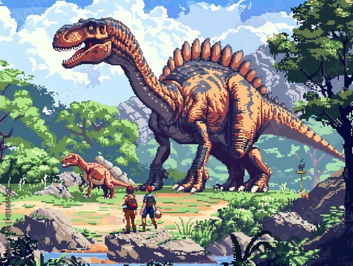 A group of explorers in a lush prehistoric landscape encounter a giant dinosaur