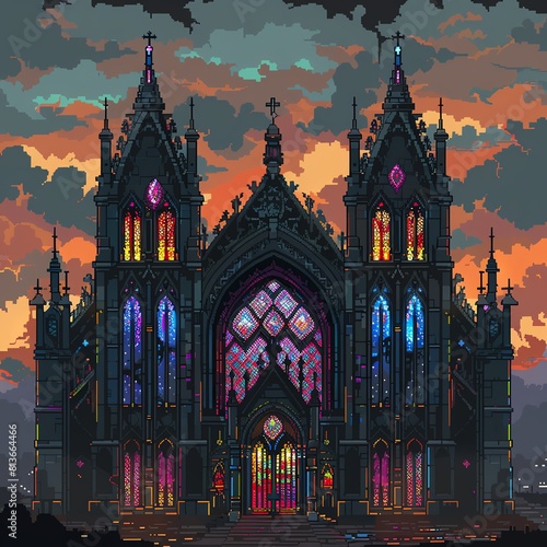 A pixel art of a gothic cathedral with stained glass windows.