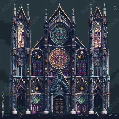 A pixel art of a gothic cathedral with a large rose window and intricate details.