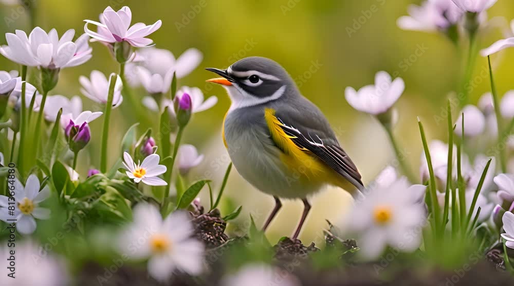 A Charming Grey Wagtail Chick Discovering Joy Amongst Blooming Flowers A Charming Grey Wagtail Chick Discovering Joy Amongst Blooming Flowers