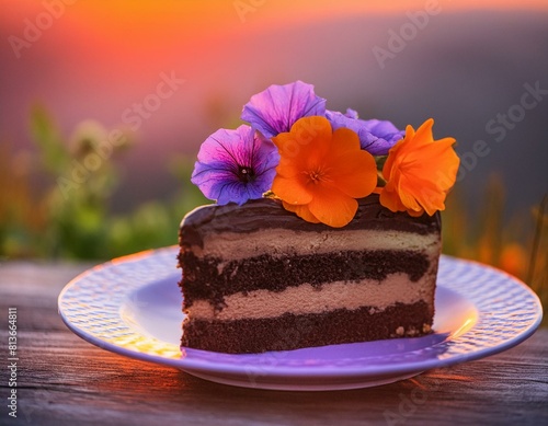 Une part de gâteau garnie de fleurs d’été photo