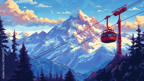 A beautiful pixel art landscape of a mountain range with a cable car