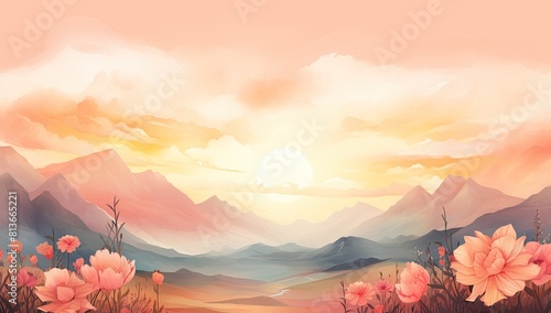 Dreamscape Vista  Illustrated Landscape of Majestic Mountains and Sky