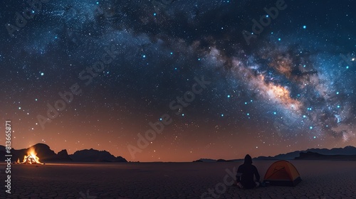 Under a magnificent sky full of stars  a lone camper sits by a cozy bonfire  gazing up in awe at the celestial wonders above.