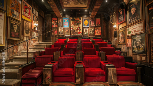 Opulent home theater with tiered seating, plush red seats, and vintage film posters decorating the walls. © Glenn Finch