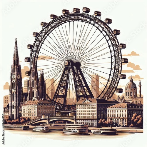 A large Ferris wheel is in the center of a city with a clock tower in the backgr