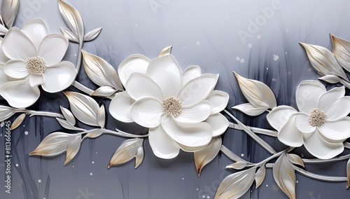 A painting of three white flowers with gold accents. The flowers are arranged in a row, with the middle one slightly larger than the others. The painting has a serene and calming mood © Murda