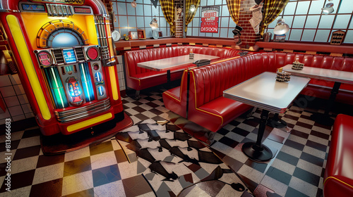 Retro-inspired diner nook with checkered flooring  a classic jukebox  and red leather booths.