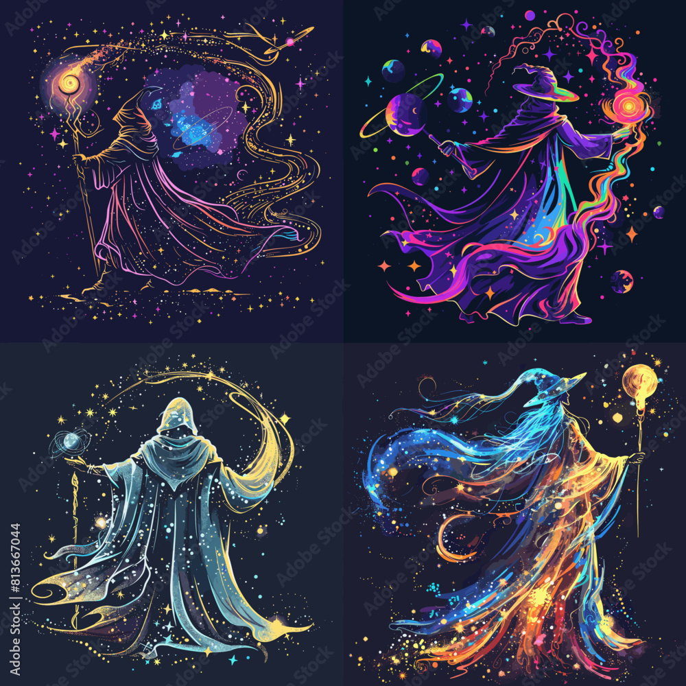 Colorful fantasy wizard illustrations with cosmic elements, glowing stars, and galaxy magic effects. Perfect for mystical, sci-fi, or celestial-themed design and storytelling projects. Colorful fantasy wizard illustrations with cosmic elements, glowing stars, and galaxy magic effects. Perfect for mystical, sci-fi, or celestial-themed design and storytelling projects.