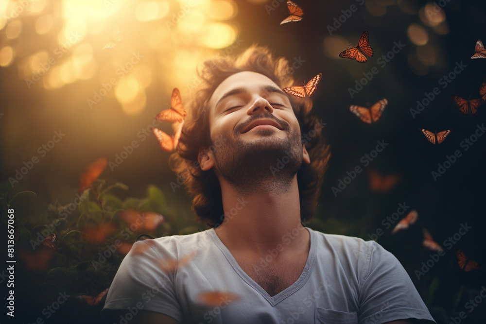 Generative AI illustration happy yoga person enjoying medication in natural wild conditions beautiful view Generative AI illustration happy yoga person enjoying medication in natural wild conditions beautiful view