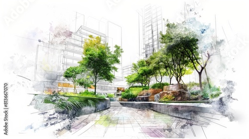 Urban oasis  eco-architecture-inspired sketch with lush gardens and industrial design  high-resolution in light white and green