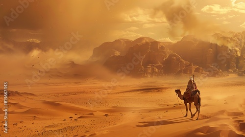 This is a landscape image of a desert with a man riding a camel. The man is wearing a white robe and a turban. The camel is walking on a sand dune.