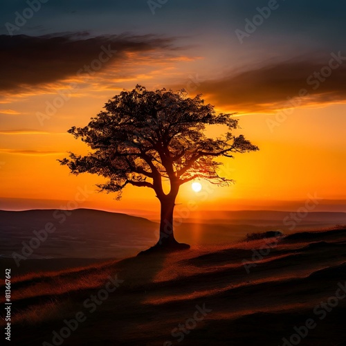 AI illustration of a silhouetted tree against setting sun rising over hills