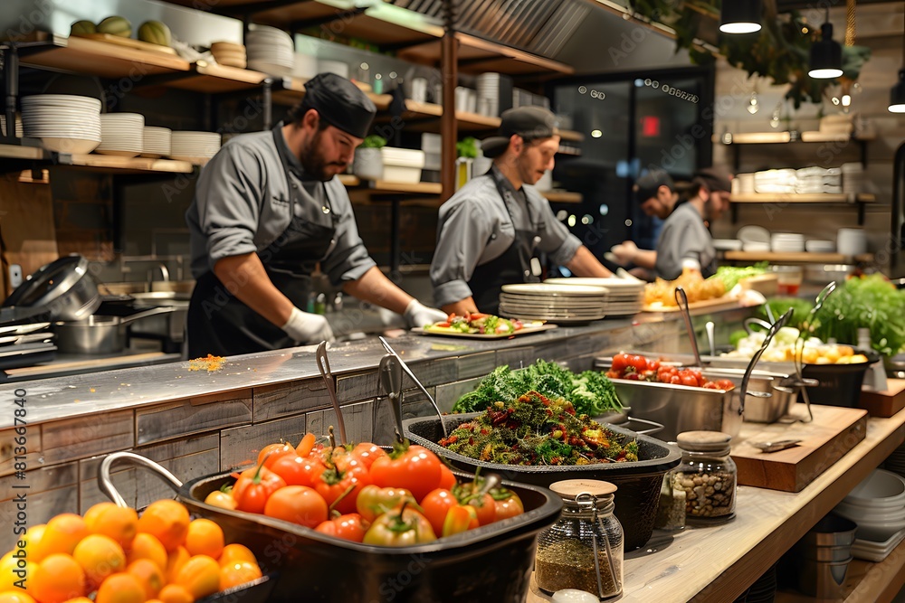 An eco-friendly kitchen scene with chefs utilizing locally sourced, organic ingredients to prepare innovative dishes An eco-friendly kitchen scene with chefs utilizing locally sourced, organic ingredients to prepare innovative dishes