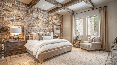 Rustic-modern fusion bedroom with a stone accent wall, wooden beam ceilings, and a plush beige carpet.
