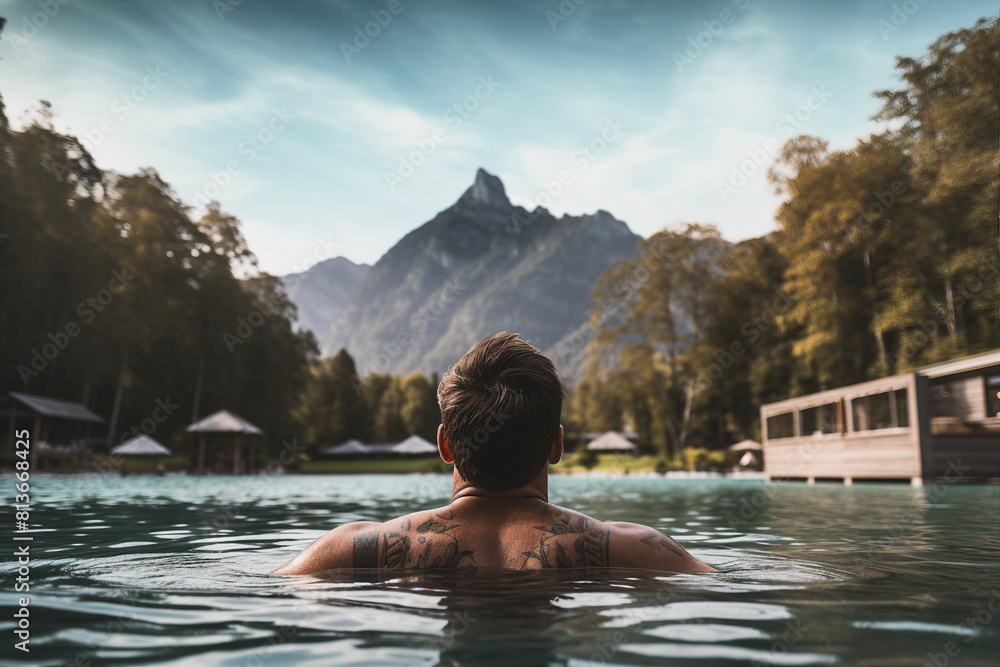 AI generated image of young man enjoying relax at resort with a private pool