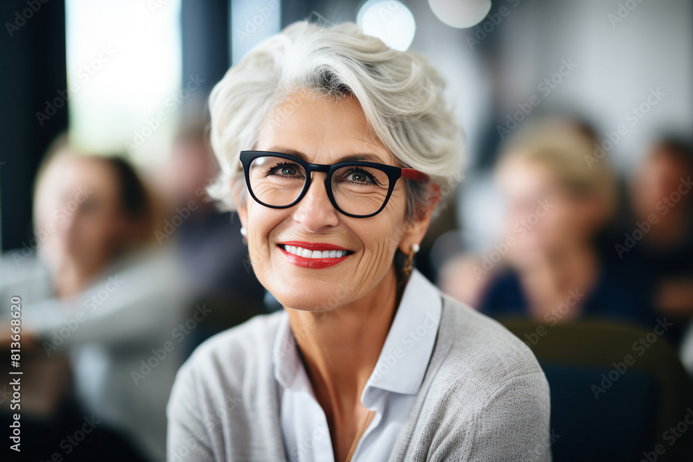 AI generative image of happy elderly woman in university class AI generative image of happy elderly woman in university class