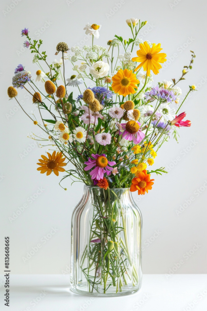 Assorted wildflowers arranged in a transparent glass vase, exuding natural beauty and charm. Perfect for floral arrangements, interior decor, or springtime imagery. Assorted wildflowers arranged in a transparent glass vase, exuding natural beauty and charm. Perfect for floral arrangements, interior decor, or springtime imagery.