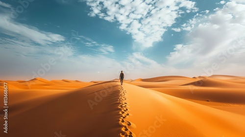 The image shows a vast and empty desert landscape with a man standing alone on a sand dune.