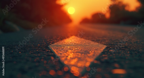 Sunset road with directional arrow - bokeh background photo
