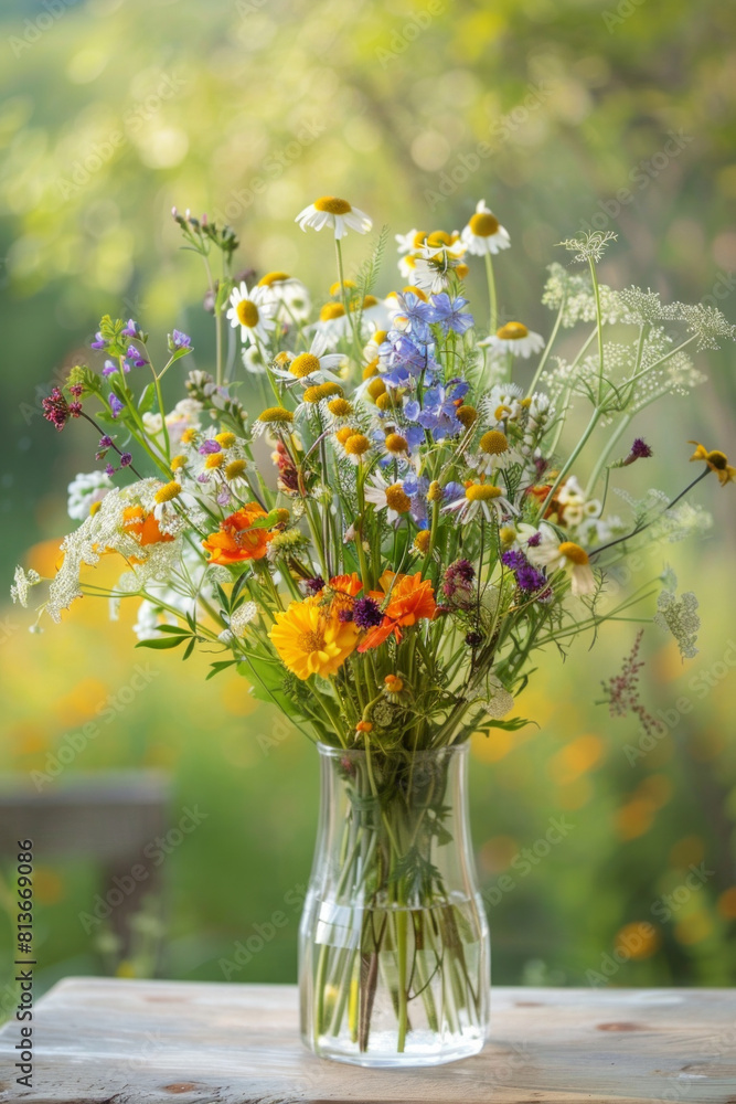 Assorted wildflowers arranged in a transparent glass vase, exuding natural beauty and charm. Perfect for floral arrangements, interior decor, or springtime imagery. Assorted wildflowers arranged in a transparent glass vase, exuding natural beauty and charm. Perfect for floral arrangements, interior decor, or springtime imagery.