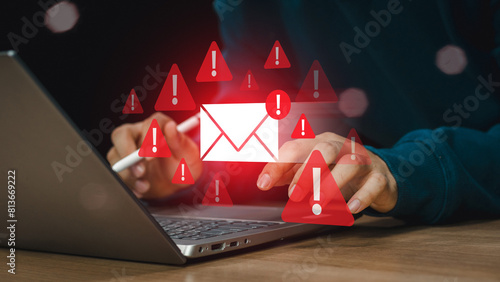 Email inbox alert and spam virus with warning, email security protection alert, new email notification and internet communication concept, email technology icon, junk mail compromised information
