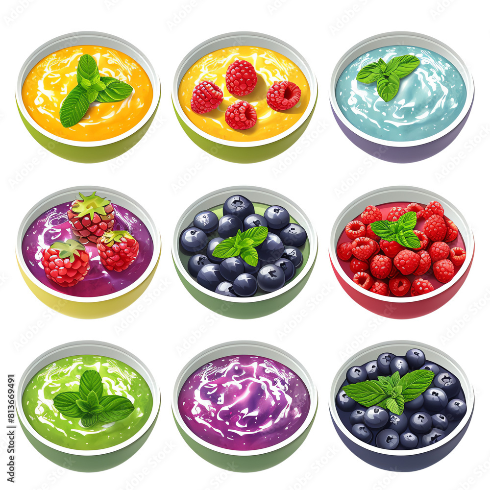 Set of different berries and mint in white bowls. Isolated on white background. Set of different berries and mint in white bowls. Isolated on white background.