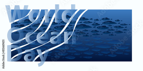 World Oceans Day. Vector illustration. School of fish.	
