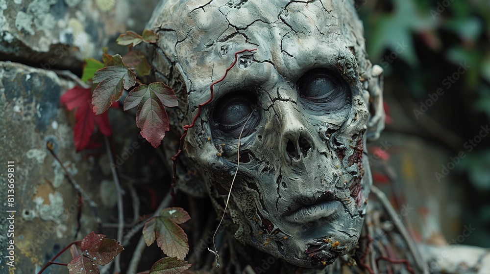 A haunting image of a cracked skull partially covered with red ivy leaves, creating a chilling and atmospheric scene. A haunting image of a cracked skull partially covered with red ivy leaves, creating a chilling and atmospheric scene.