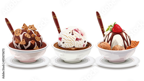 Decadent Desserts: A trio of decadent ice cream sundaes drizzled with rich chocolate sauce and topped with toppings photo