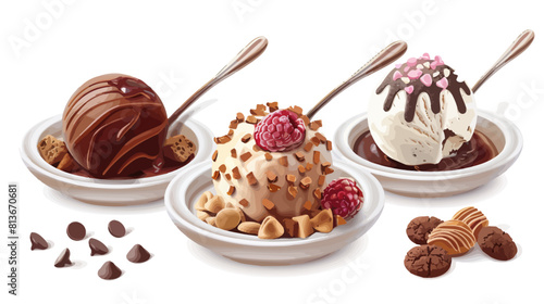 Decadent Desserts: A trio of decadent ice cream sundaes drizzled with rich chocolate sauce and topped with toppings