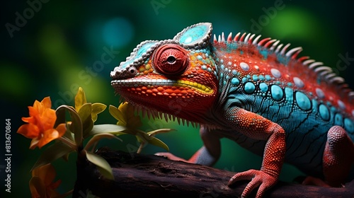  A vibrant chameleon perched on a tree branch 