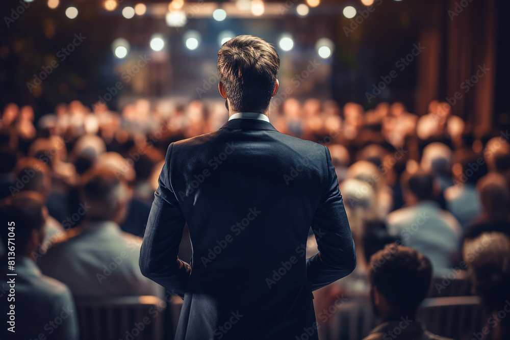 Generative AI illustration motivational speaker with microphone in hand in front of audience at conference room Generative AI illustration motivational speaker with microphone in hand in front of audience at conference room