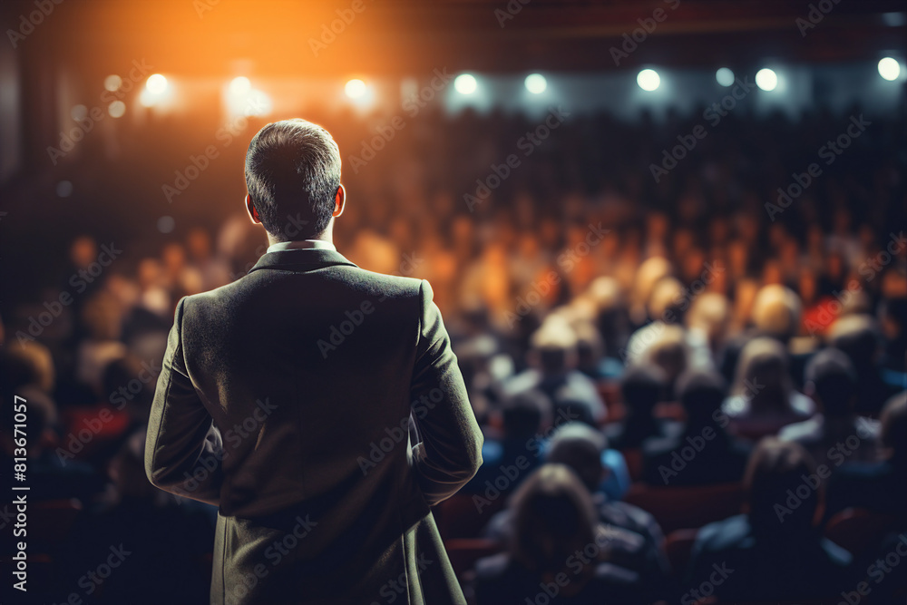 Generative AI illustration motivational speaker with microphone in hand in front of audience at conference room