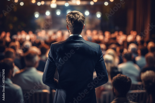 Generative AI illustration motivational speaker with microphone in hand in front of audience at conference room